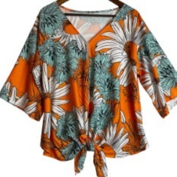 Amazon Tops - QEGAR BOHO TIE BLOUSE TROPICAL FLORAL ORANGE WHITE SEAFOAM GREEN BLACK SIZE L